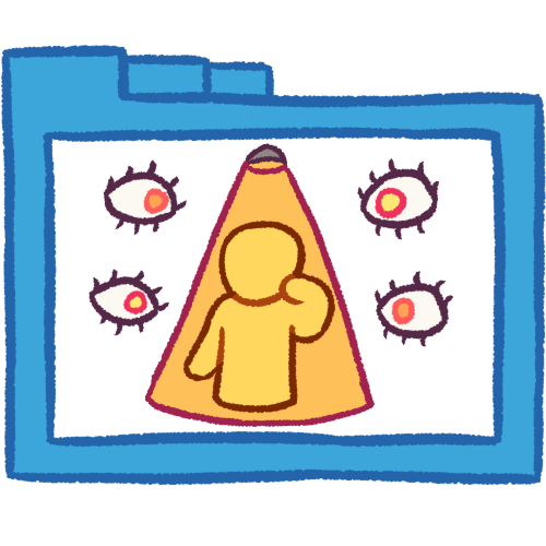 A hollow blue folder with thick lineart. It contains an emoji yellow person under a spotlight, holding their hand by their face. There are two floating eyes to either side of them, all looking at them.